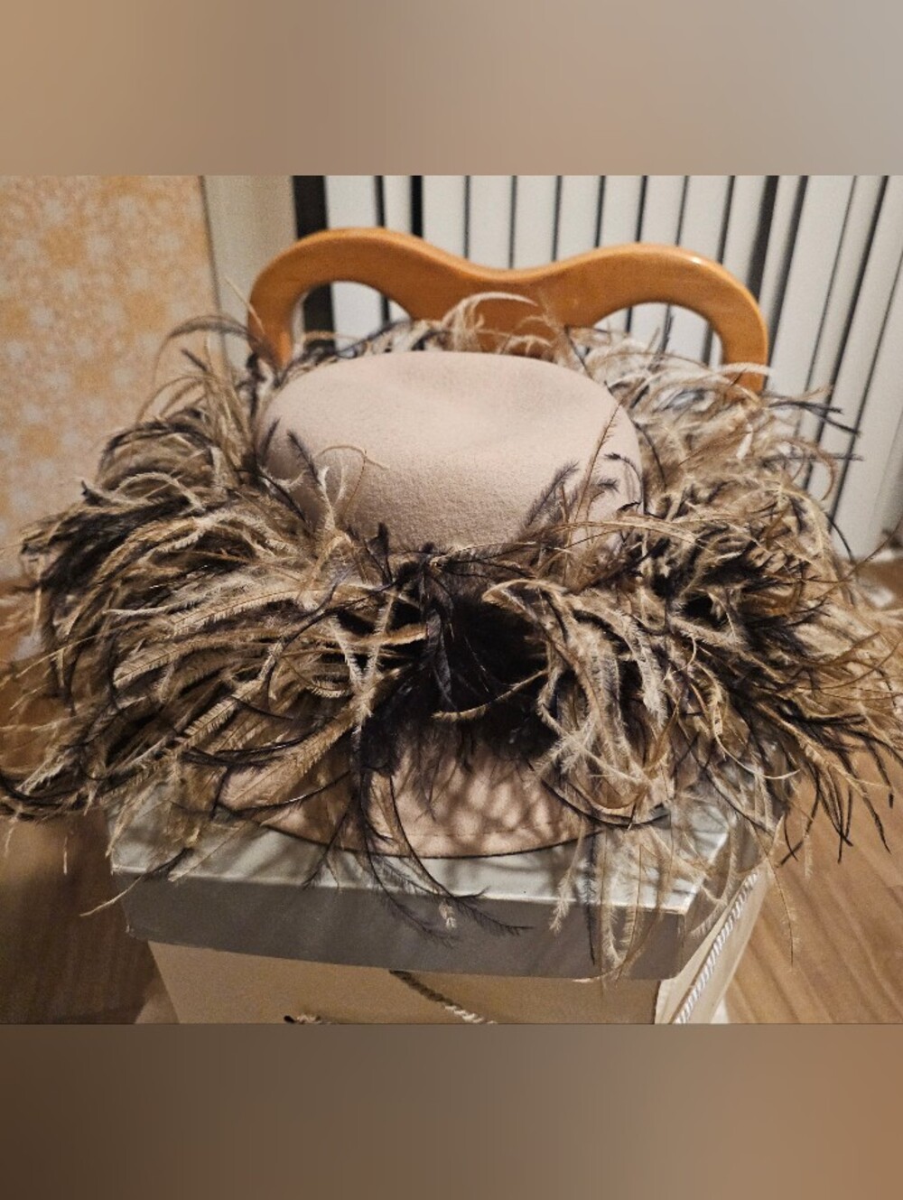 Beige Feather Trim Women's Hat